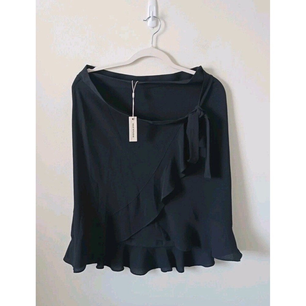 Max Studio Womens Wrap Mini‎ Skirt Black Tie Waist Ruffle Hem Size S